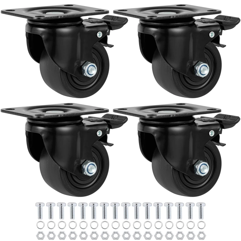Finnhomy 3 Inch Caster Wheels Set of 4 Heavy Duty Low Profile Plate Swivel Casters with Brake Premium Solid Nylon Wheels 4,400 Lb Anti-wear Lockable Furniture Caster Sturdy for Toolbox Workbench Black