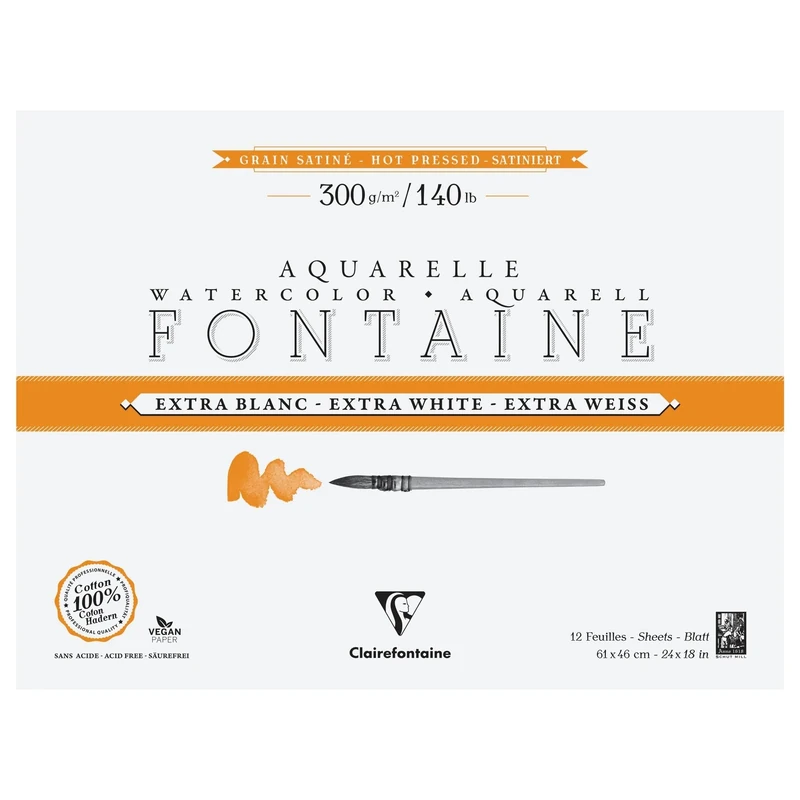 Clairefontaine 976024C Fontaine Extra White 4-Sided Glued Pad - 12 Sheets of Extra White 100% Cotton Satin Grain Watercolour Paper - Professional 61x46cm 300g