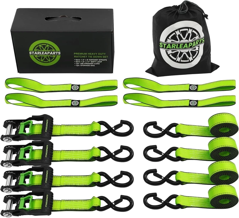 Retractable Ratchet Straps (4PK)- 5250lb Guaranteed Break Strength - Tie Down Straps with Coated S Hooks - Ratchet Straps Heavy Duty for Motorcycle,Trucks,Cargo Moving -Soft Loop Tie Down Straps