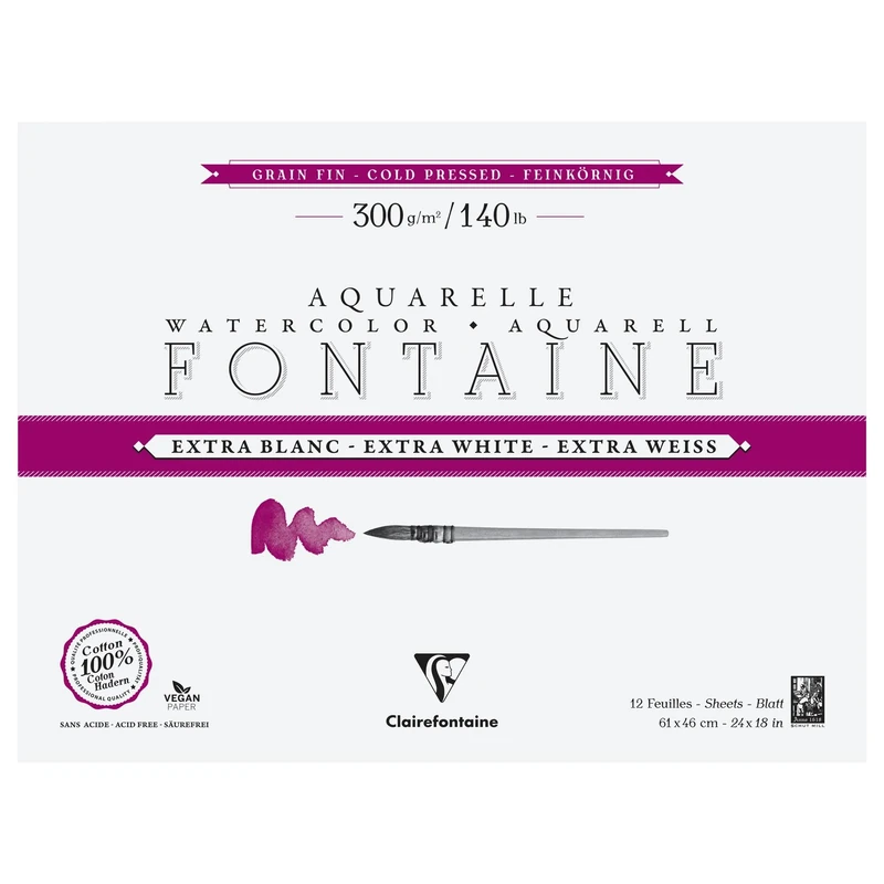Clairefontaine 976044C Fontaine Extra White 4-Sided Glued Pad - 12 Sheets of Extra White 100% Cotton Fine Grain Watercolour Paper - Professional 61x46cm 300g