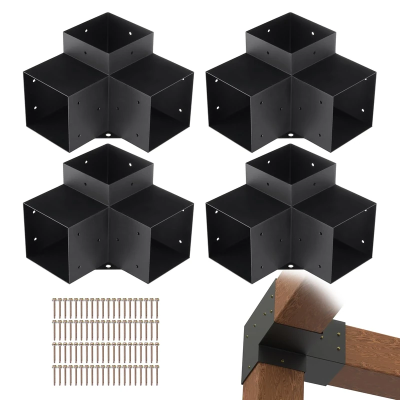 VEVOR Pergola Bracket Kit 152x152mm, 4pcs 3-Way Heavy Duty Corner Bracket Woodworks DIY Post Base Kit, Easy Installation Wooden Beams for Gazebos, Patio Pergolas, Log Cabin Outdoor Pergola Hardware