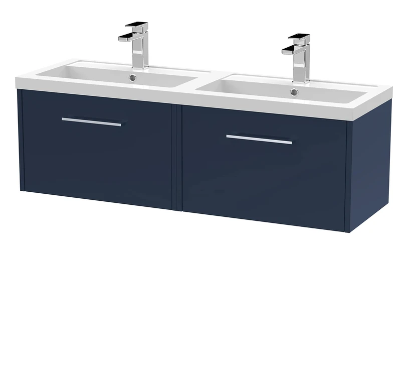 Hudson Reed JNU2922C Juno Modern Bathroom Wall Hung 2 Soft Close Drawer Vanity Unit and Double Polymarble Basin, 1200mm, Midnight Blue