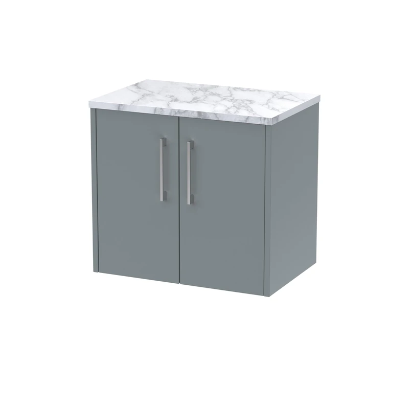 Hudson Reed JNU2323LCM Juno Modern Bathroom Wall Hung 2 Soft Close Door Vanity Unit and Carrera Marble Laminate Worktop, 600mm, Coastal Grey