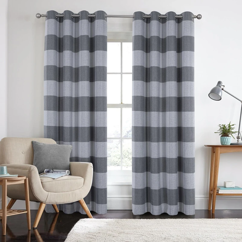 always4u 100% Blackout Curtains Check Eyelet Curtain for Bedroom Tartan Plaid Woven Brushed Cheque Pair of Highland Woolen Look Window Treatment for Living Room Light Grey 46 * 72 Inches