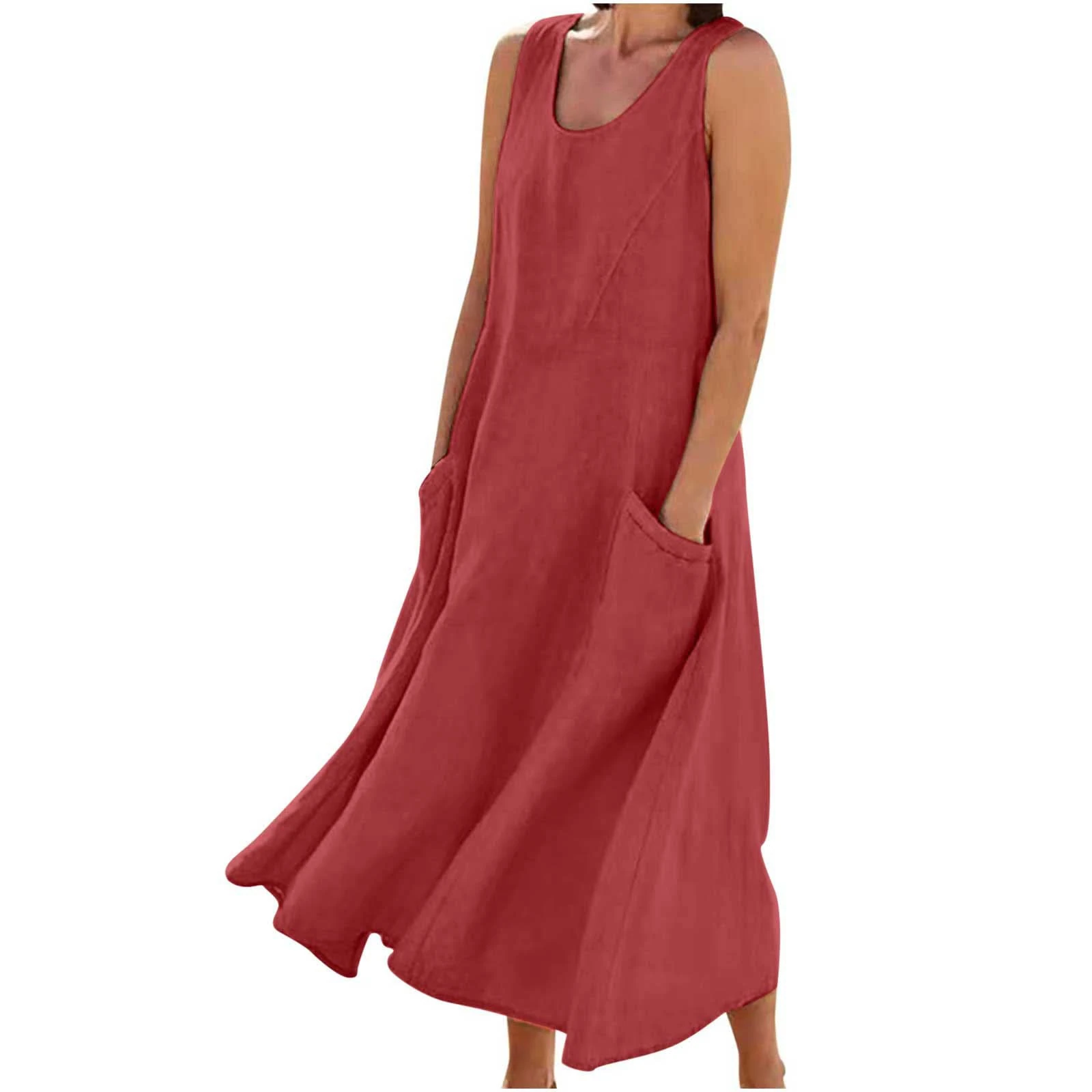 Maxi Dresses for Women UK Cotton Linen Casual Oversized Tunic Dress Sleeveless Vest Dress with Pocket Solid Color A-line Dress Baggy Beach Long Dress Summer Floral Print Sundress