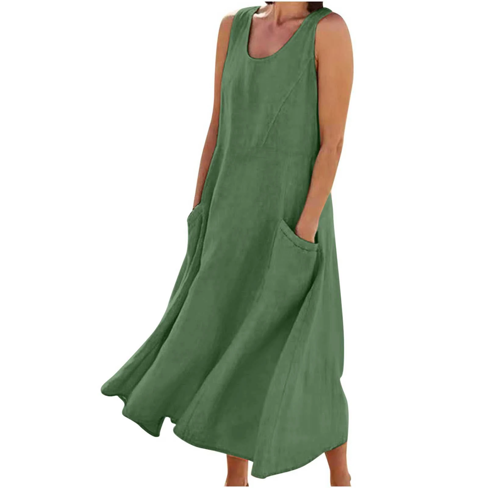 Maxi Dresses for Women UK Cotton Linen Casual Oversized Tunic Dress Sleeveless Vest Dress with Pocket Solid Color A-line Dress Baggy Beach Long Dress Summer Floral Print Sundress