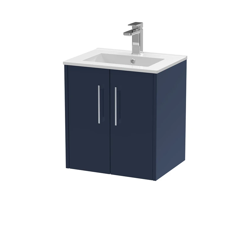 Hudson Reed JNU2921B Juno Modern Bathroom Wall Hung 2 Soft Close Door Vanity Unit and Minimalist Basin, 500mm, Midnight Blue