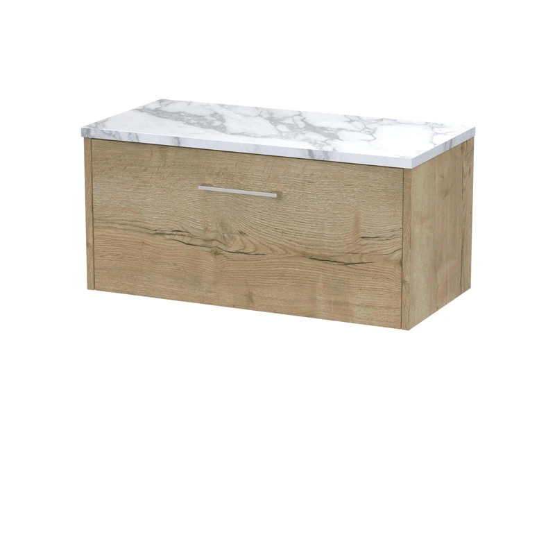 Hudson Reed JNU1825LCM Juno Modern Bathroom Wall Hung Single Soft Close Drawer Vanity Unit and Carrera Marble Laminate Worktop, 800mm, Autumn Oak - Image 1