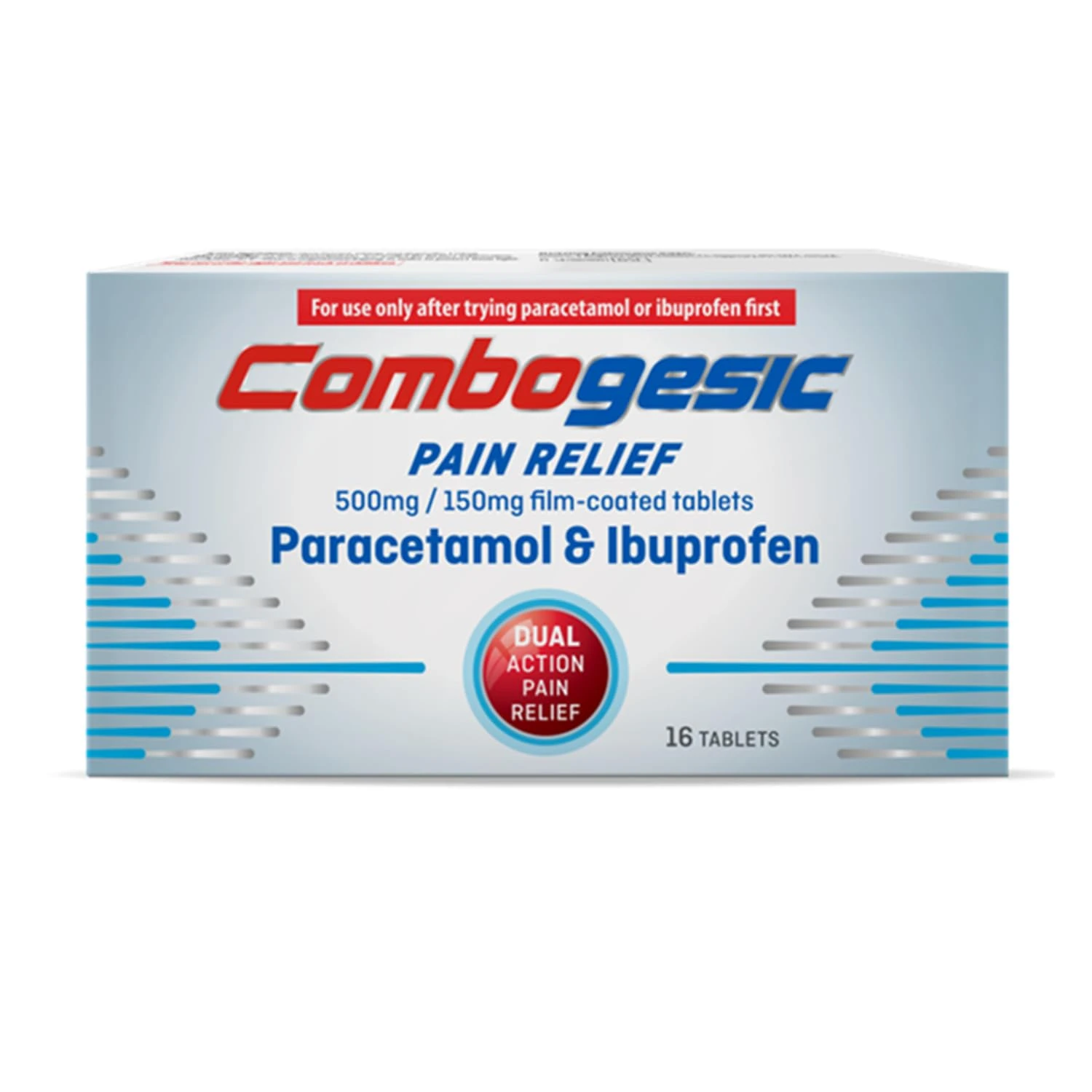 Combogesic Pain Relief Paracetamol 500 mg and Ibuprofen 150 mg, for Headache, Migraine Relief, Period, Toothache and Back Pain, Cold and Flu Symptoms, Painkillers, Pack of 16 Tablets