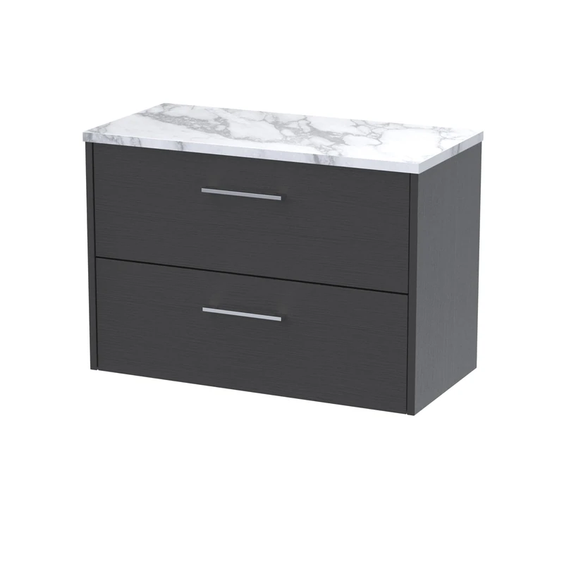 Hudson Reed JNU2226LCM Juno Modern Bathroom Wall Hung 2 Drawer Vanity Unit and Carrera Marble Laminate Worktop, 800mm, Graphite Grey Woodgrain