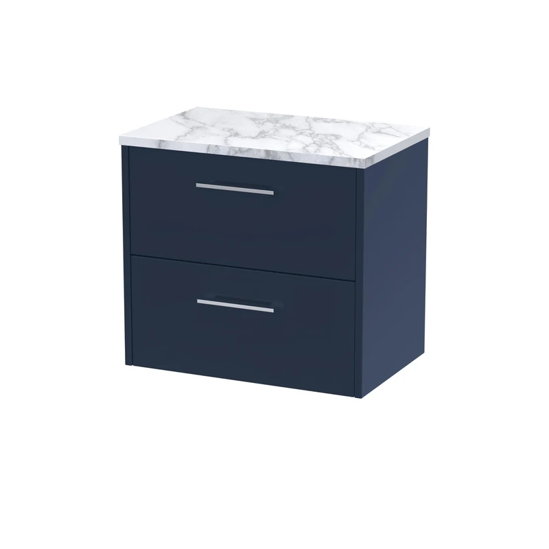 Hudson Reed JNU2924LCM Juno Modern Bathroom Wall Hung 2 Soft Close Drawer Vanity Unit and Carrera Marble Laminate Worktop, 600mm, Midnight Blue