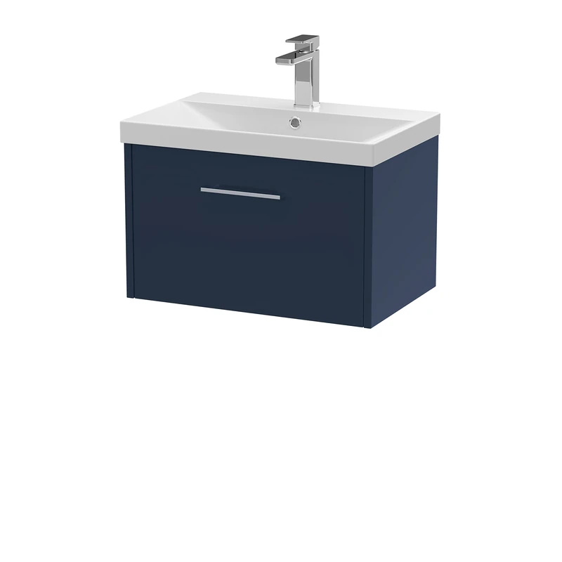 Hudson Reed JNU2922D Juno Modern Bathroom Wall Hung Single Soft Close Drawer Vanity Unit and Thin-Edge Basin, 600mm, Midnight Blue
