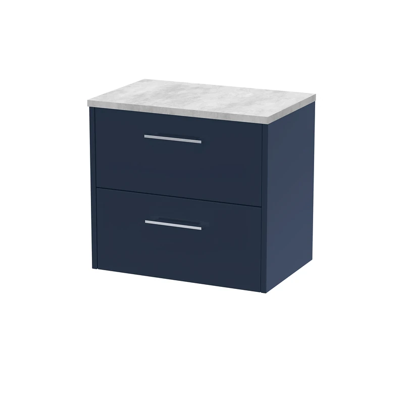 Hudson Reed JNU2924LBG Juno Modern Bathroom Wall Hung 2 Soft Close Drawer Vanity Unit and Bellato Grey Laminate Worktop, 600mm, Midnight Blue