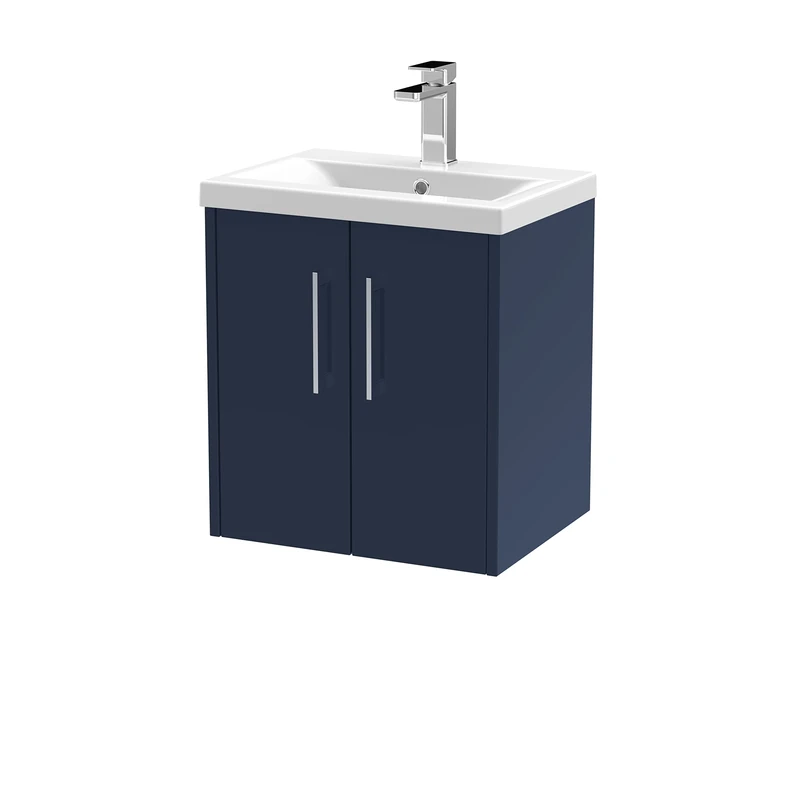 Hudson Reed JNU2921A Juno Modern Bathroom Wall Hung 2 Soft Close Door Vanity Unit and Mid-Edge Basin, 500mm, Midnight Blue