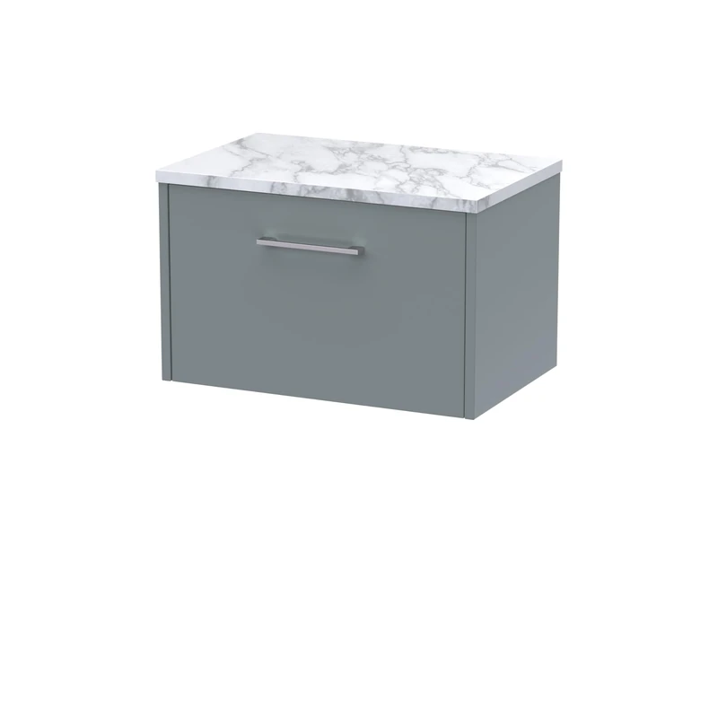 Hudson Reed JNU2322LCM Juno Modern Bathroom Wall Hung Single Soft Close Drawer Vanity Unit and Carrera Marble Laminate Worktop, 600mm, Coastal Grey