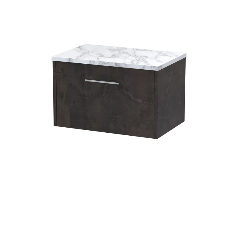 Hudson Reed JNU2622LCM Juno Modern Bathroom Wall Hung Single Soft Close Drawer Vanity Unit and Carrera Marble Laminate Worktop, 600mm, Metallic Slate