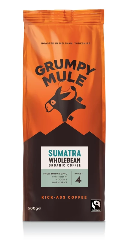 Grumpy Mule Sumatra Mount Gayo Organic (Whole Coffee Beans) with notes of Cocoa and Warm Spice 500g