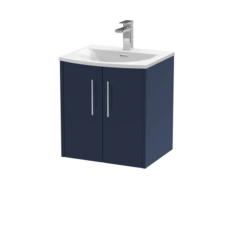 Hudson Reed JNU2921G Juno Modern Bathroom Wall Hung 2 Soft Close Door Vanity Unit and Curved Basin, 500mm, Midnight Blue