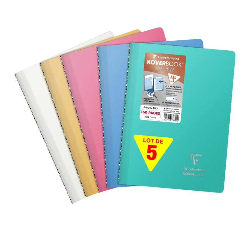 Clairefontaine 376741C Set of 5 Spiral Notebooks Koverbook Silver - A4 21x29,7 cm - 160 Ruled Pages - White Paper 90 g - Opaque Polypro Cover - Random Colour