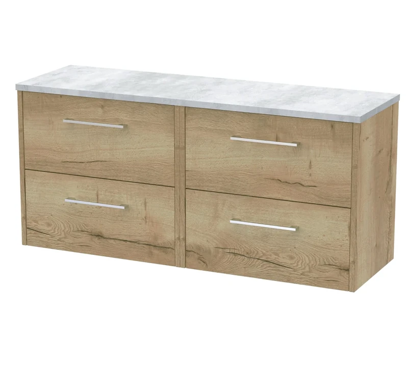 Hudson Reed JNU1824LBG2 Juno Modern Bathroom Wall Hung 4 Soft Close Drawer Vanity Unit and Bellato Grey Laminate Worktop, 1200mm, Autumn Oak