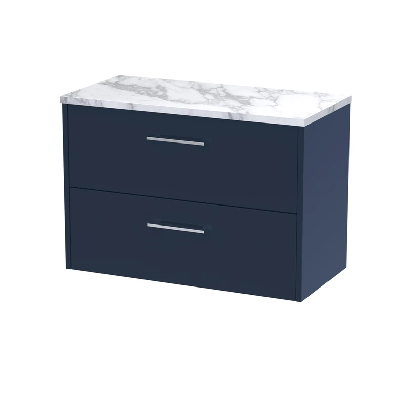 Hudson Reed JNU2926LCM Juno Modern Bathroom Wall Hung 2 Soft Close Drawer Vanity Unit and Carrera Marble Laminate Worktop, 800mm, Midnight Blue