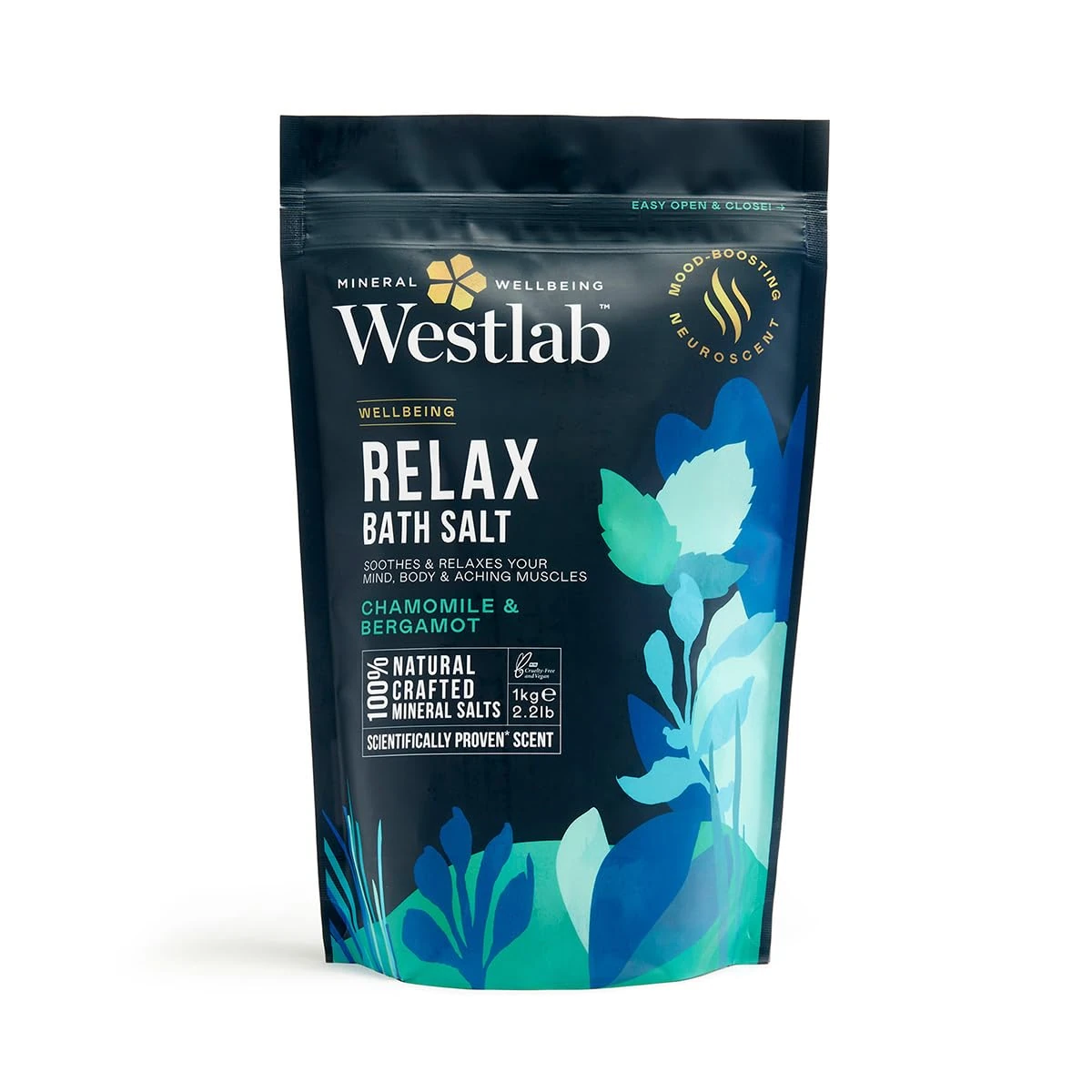 Westlab Magnesium Relax Bath Salts 1kg - Ease Stress & Tension from Mind and Body. Scientifically-Proven to Restore Inner Peace. Mood-Boosting Neuroscent. 100% Natural, Chamomile & Bergamot.
