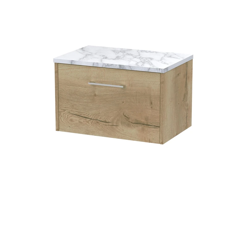 Hudson Reed JNU1822LCM Juno Modern Bathroom Wall Hung Single Soft Close Drawer Vanity Unit and Carrera Marble Laminate Worktop, 600mm, Autumn Oak