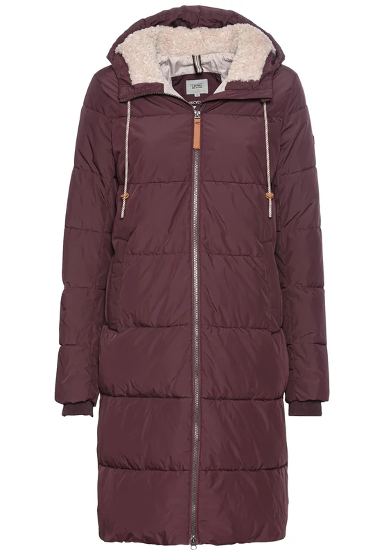 camel active Women's Long Puffer Coat with Lined Hood, plum, 8