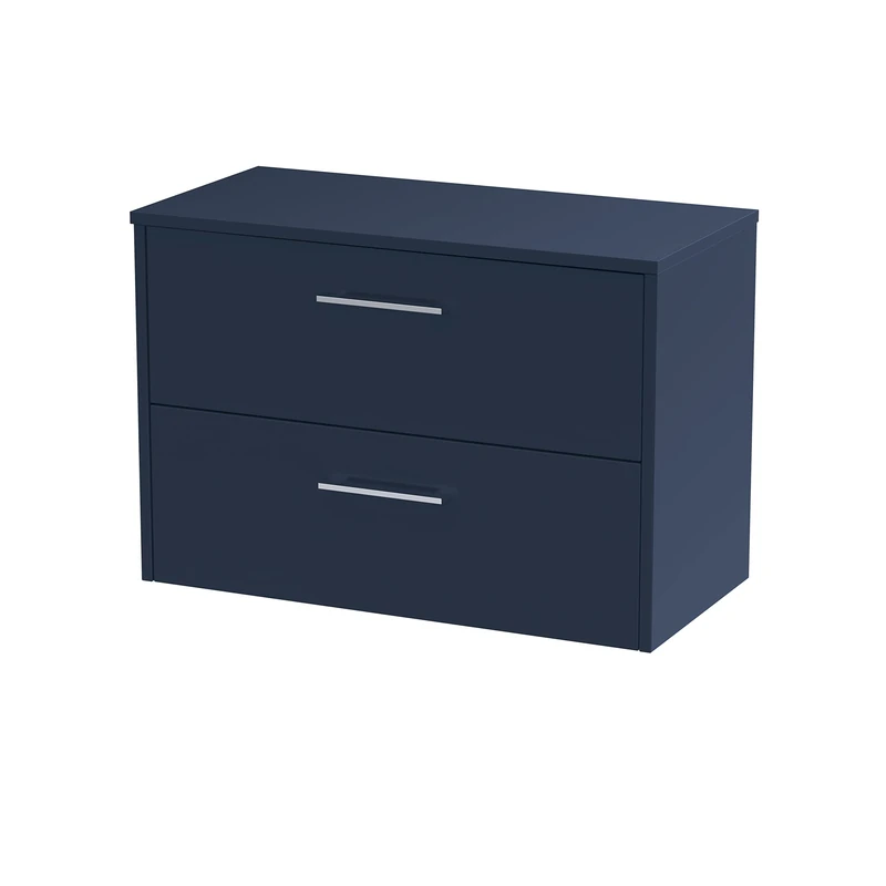 Hudson Reed JNU2926W Juno Modern Bathroom Wall Hung 2 Soft Close Drawer Vanity Unit and Colour Coordinating Worktop, 800mm, Midnight Blue