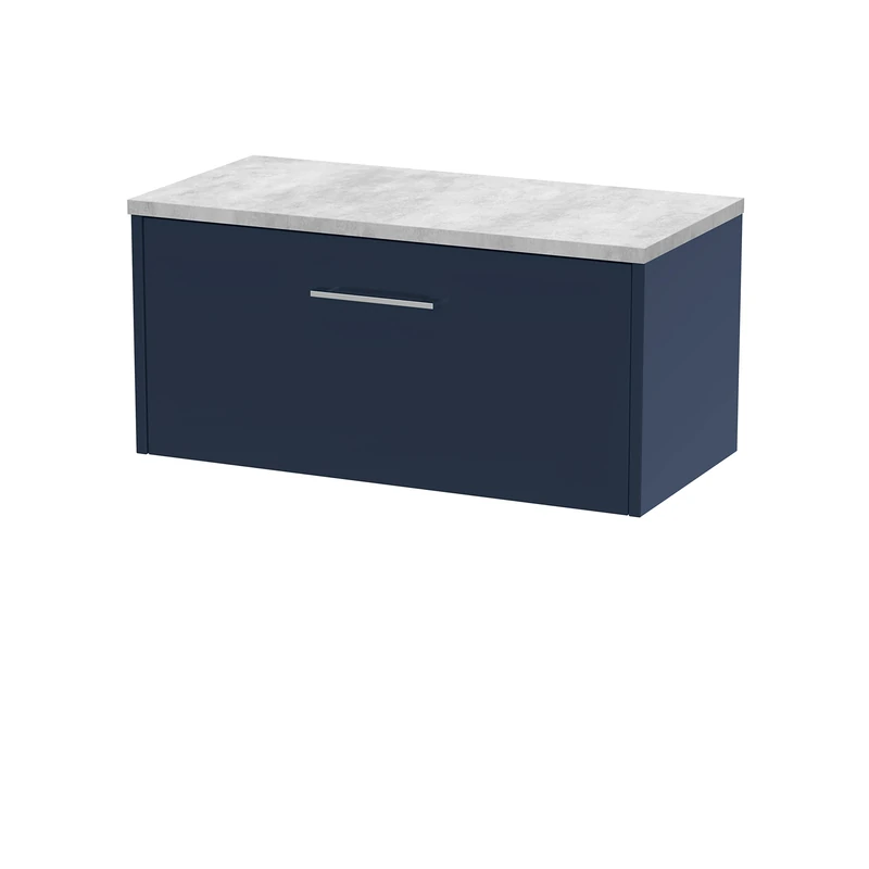 Hudson Reed JNU2925LBG Juno Modern Bathroom Wall Hung Single Soft Close Drawer Vanity Unit and Bellato Grey Laminate Worktop, 800mm, Midnight Blue