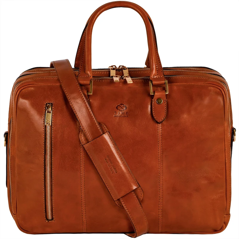 Time Resistance Leather Laptop Briefcase - Full Grain Leather Computer Bag for Men and Women (Cognac Brown)