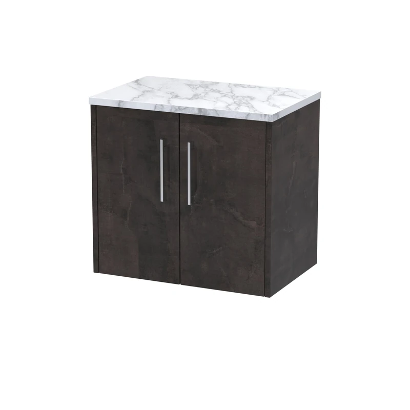 Hudson Reed JNU2623LCM Juno Modern Bathroom Wall Hung 2 Soft Close Door Vanity Unit and Carrera Marble Laminate Worktop, 600mm, Metallic Slate