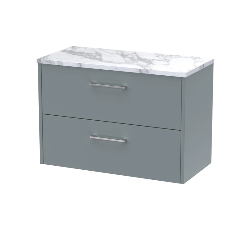 Hudson Reed JNU2326LCM Juno Modern Bathroom Wall Hung 2 Soft Close Drawer Vanity Unit and Carrera Marble Laminate Worktop, 800mm, Coastal Grey