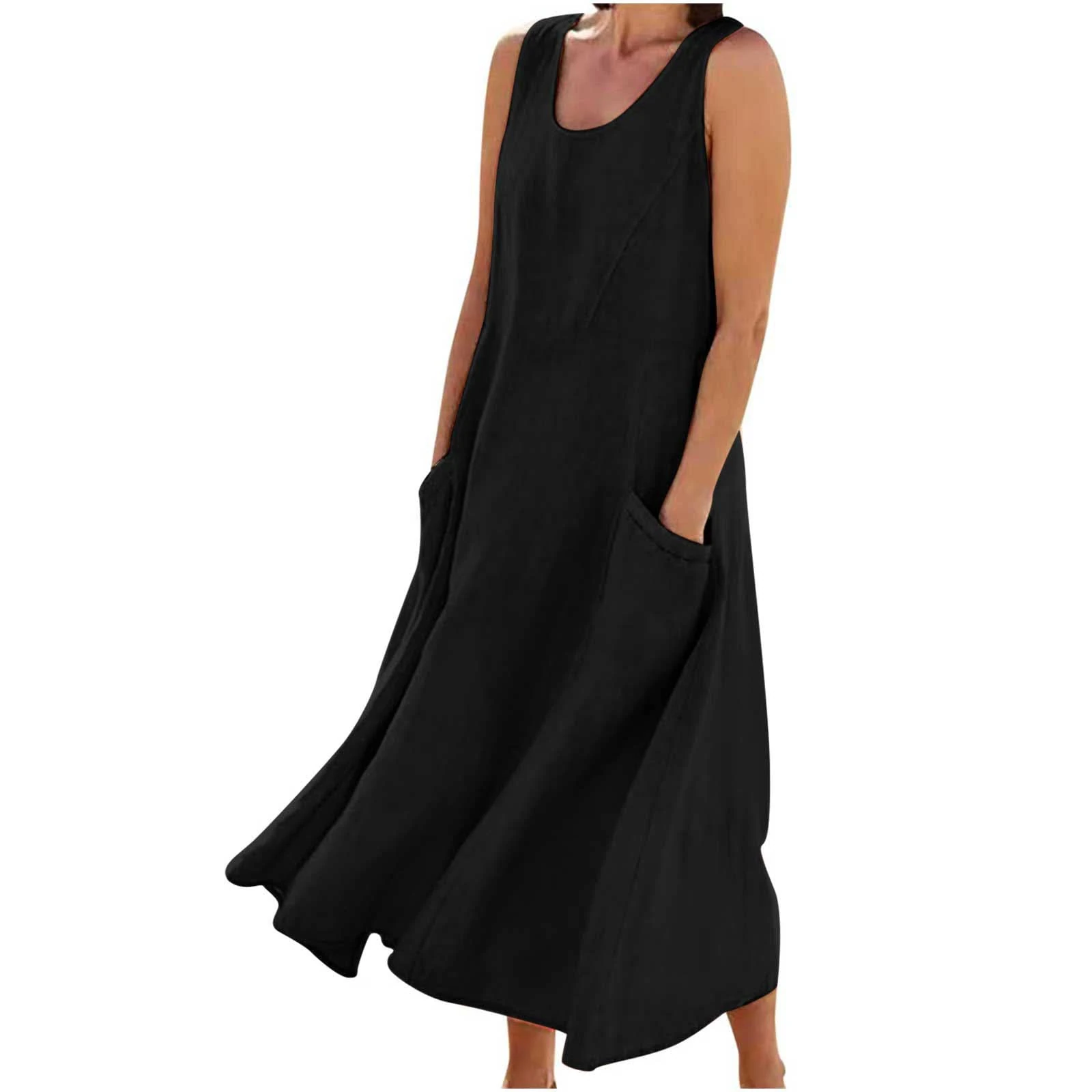 Maxi Dresses for Women UK Cotton Linen Casual Oversized Tunic Dress Sleeveless Vest Dress with Pocket Solid Color A-line Dress Baggy Beach Long Dress Summer Floral Print Sundress