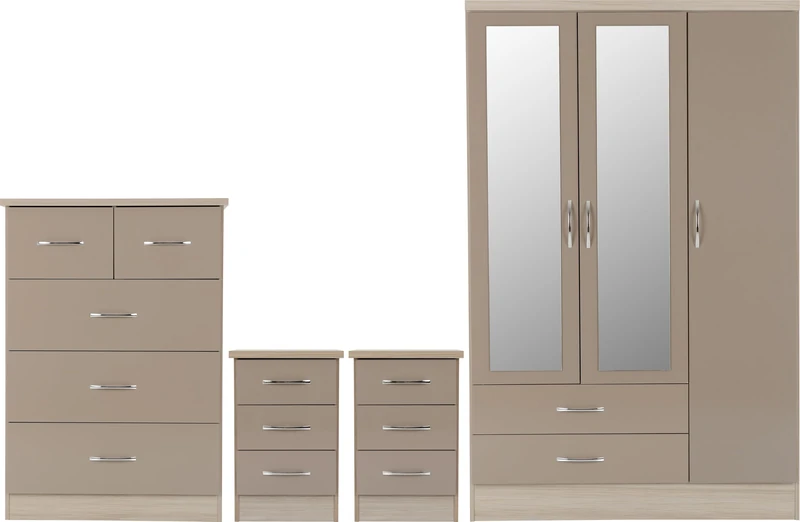 Nevada 3 Door 2 Drawer Mirrored Wardrobe Bedroom Set in Oyster Gloss/Light Oak Effect Veneer