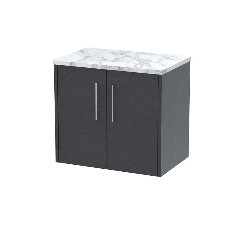 Hudson Reed JNU2223LCM Juno Modern Bathroom Wall Hung 2 Door Vanity Unit and Carrera Marble Laminate Worktop, 600mm, Graphite Grey Woodgrain