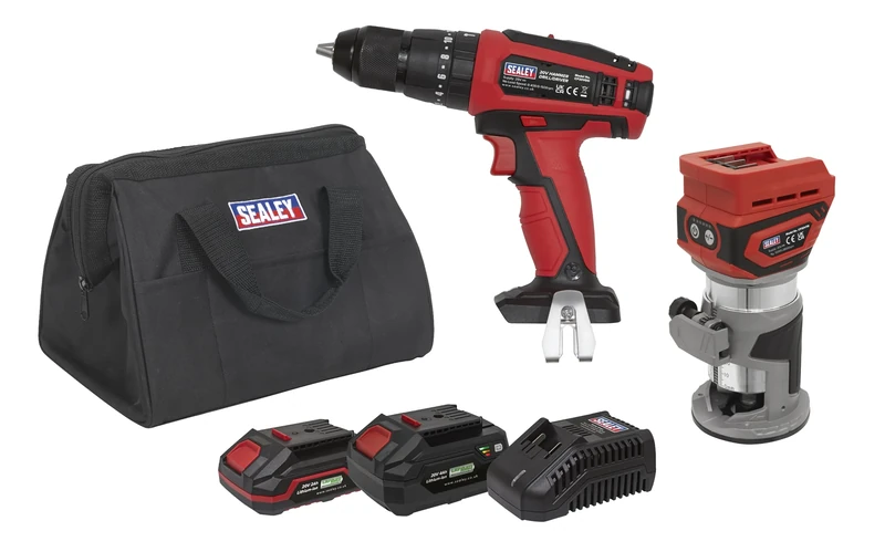 Sealey 2 x 20V SV20 Series Cordless Router & Combi Drill Kit - 2 Batteries - CP20VCOMBO12