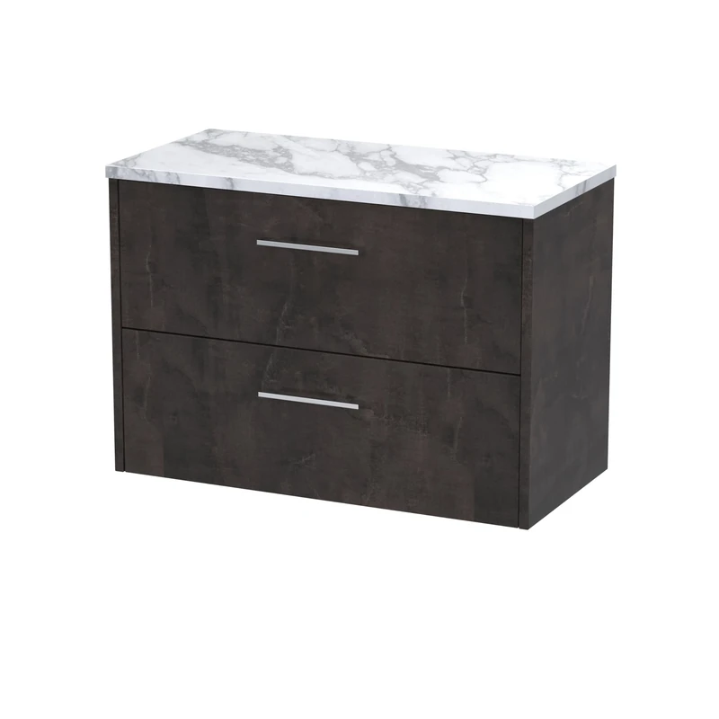 Hudson Reed JNU2626LCM Juno Modern Bathroom Wall Hung 2 Soft Close Drawer Vanity Unit and Carrera Marble Laminate Worktop, 800mm, Metallic Slate