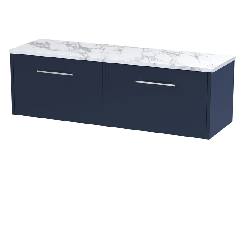 Hudson Reed JNU2922LCM2 Juno Modern Bathroom Wall Hung 2 Soft Close Drawer Vanity Unit and Carrera Marble Laminate Worktop, 1200mm, Midnight Blue
