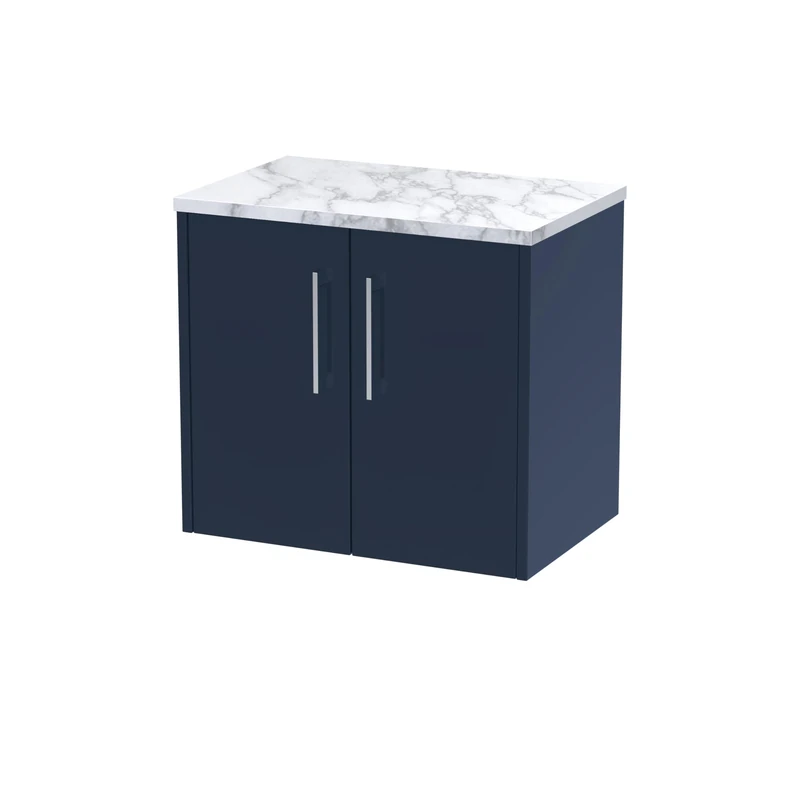 Hudson Reed JNU2923LCM Juno Modern Bathroom Wall Hung 2 Soft Close Door Vanity Unit and Carrera Marble Laminate Worktop, 600mm, Midnight Blue