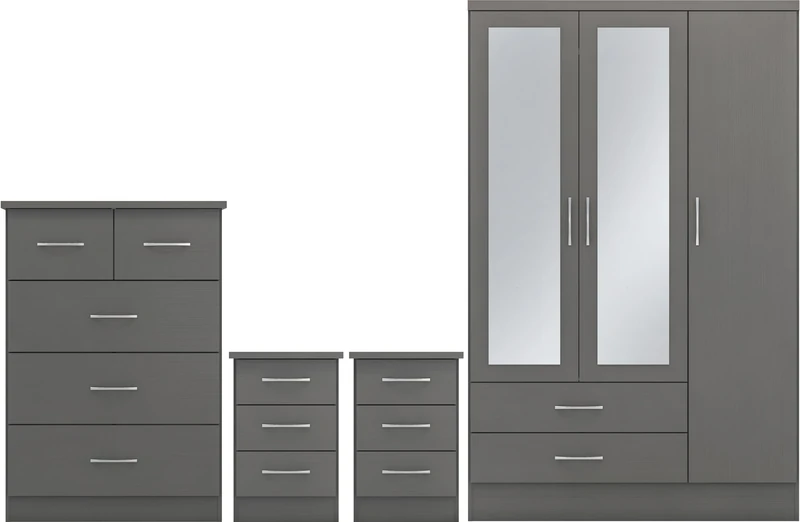 Seconique Nevada 3 Door 2 Drawer Mirrored Wardrobe Bedroom Set in 3D Effect Grey