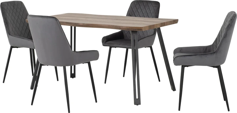 Seconique Quebec Wave Edge Dining Set with Avery Chairs in Medium Oak Effect/Black/Grey Velvet