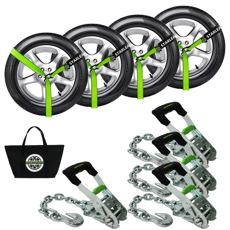 4 Pack Premium Wheel Straps - Guaranteed Maximum Breaking Strength 10 lbs - 2" Ratchet with G70 Chain Anchor Hook and 2" x 8ft Laser Strap, Straps