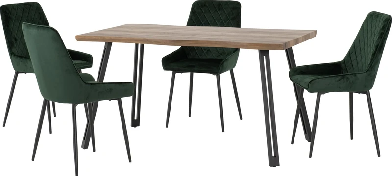 Seconique Quebec Wave Edge Dining Set with Avery Chairs in Medium Oak Effect/Black/Emerald Green Velvet