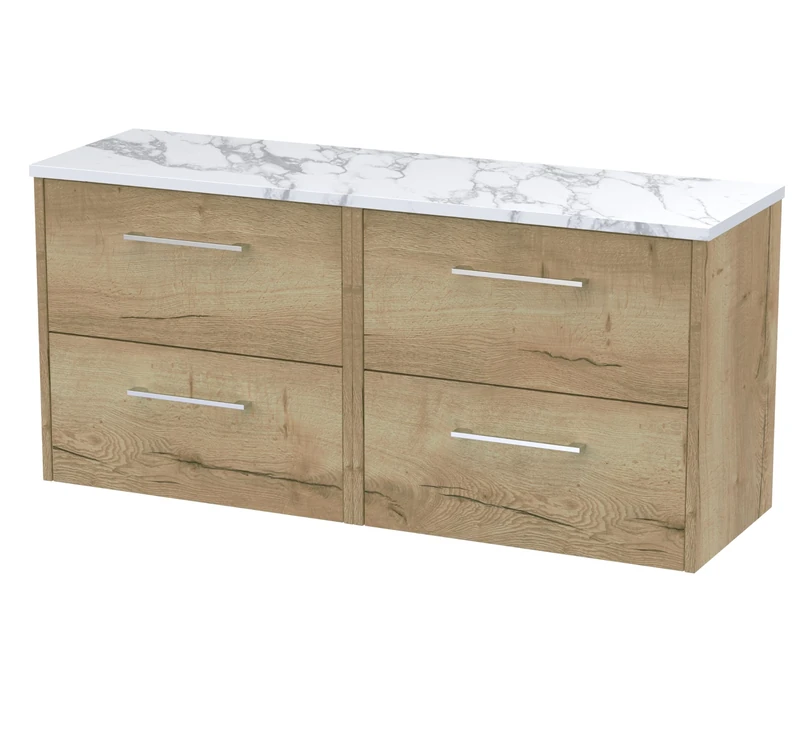 Hudson Reed JNU1824LCM2 Juno Modern Bathroom Wall Hung 4 Soft Close Drawer Vanity Unit and Carrera Marble Laminate Worktop, 1200mm, Autumn Oak