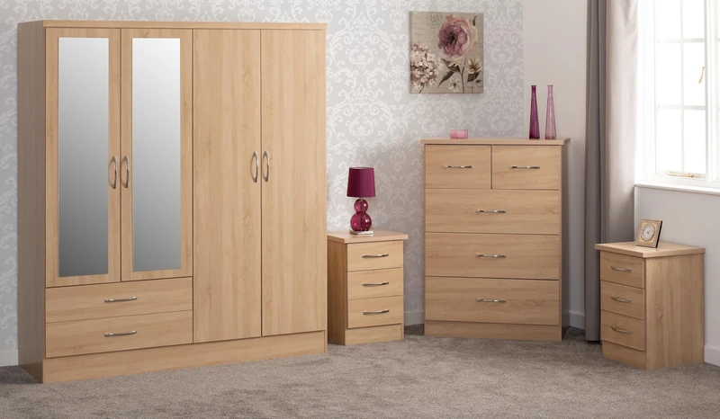 Seconique Nevada 4 Door 2 Drawer Mirrored Wardrobe Bedroom Set in Sonoma Oak Effect