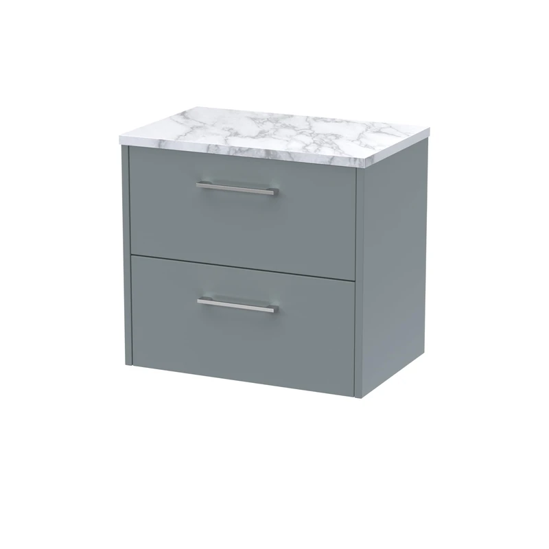 Hudson Reed JNU2324LCM Juno Modern Bathroom Wall Hung 2 Soft Close Drawer Vanity Unit and Carrera Marble Laminate Worktop, 600mm, Coastal Grey