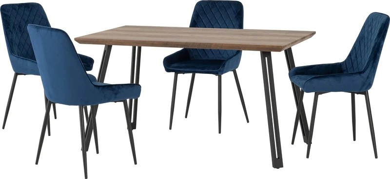 Seconique Quebec Straight Edge Dining Set with Avery Chairs in Medium Oak Effect/Black/Sapphire Blue Velvet
