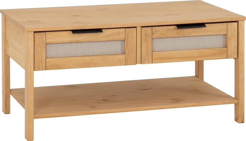 Seconique Coffee Table, Engineered Wood, Distressed Wax Pine/Rattan Effect, W 900mm x D 500mm x H 440mm