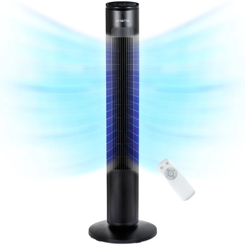 NETTA 42 Inch Tall Tower Fan - Quiet Bladeless Tower Fan with Remote Control & LED Display – 3 Wind Modes, 3 Speed Settings, 7-Hour Timer & 60° Oscillation - Electric Fan for Home & Office - Black
